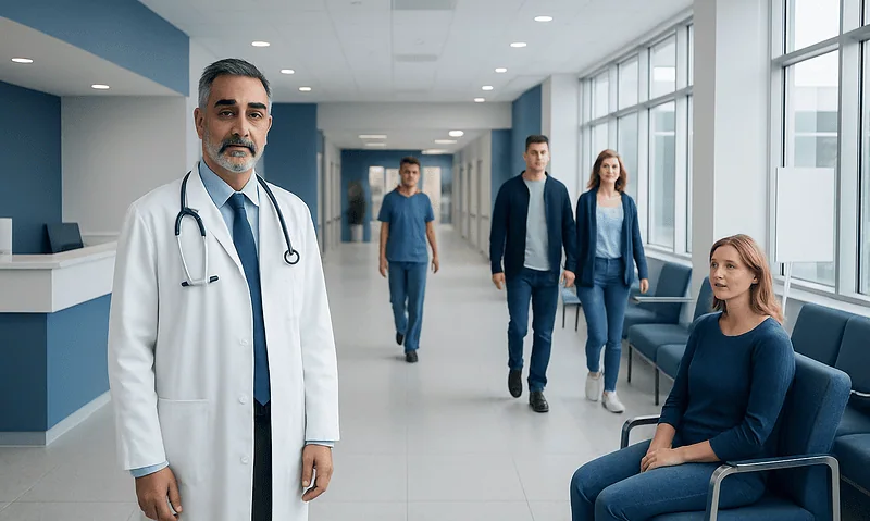 Doctor with patients in hospital corridor at Acibadem Hospitals Group.