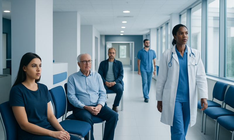 Medical team waiting area at Acibadem Hospital with healthcare professionals and patients.