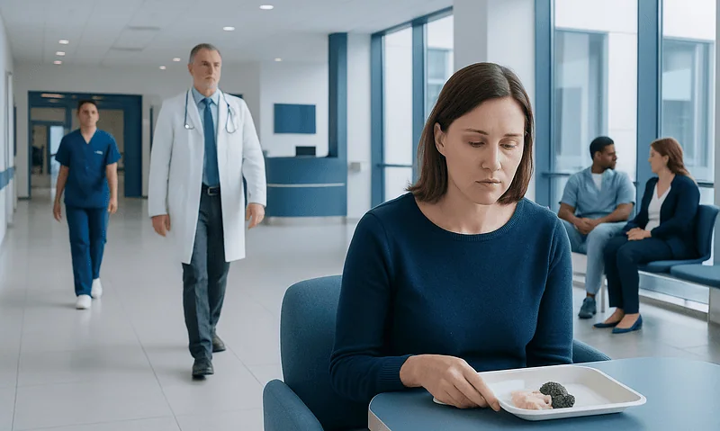 Woman with loss of appetite in hospital waiting area.