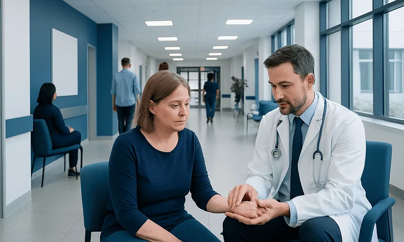 Doctor examining patient's hand in a modern hospital corridor.