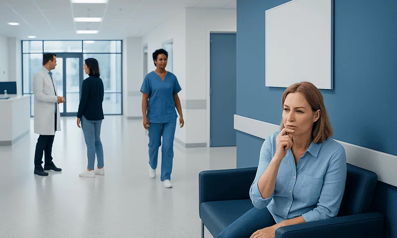 Patient waiting in hospital corridor with medical staff in background.