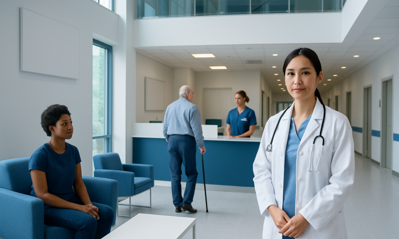 Healthcare professionals and patient in a modern hospital lobby.