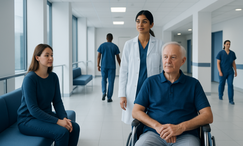 Medical team consulting with elderly patient in hospital corridor.
