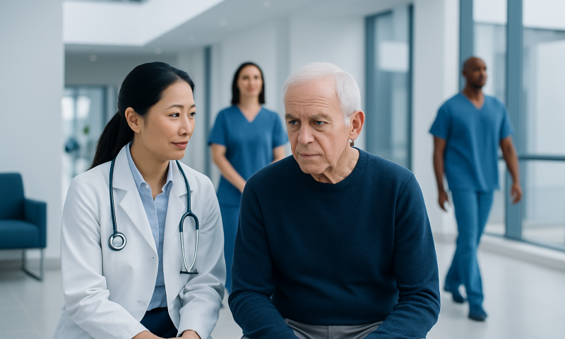 Doctor consulting elderly patient in hospital corridor with medical staff in background.