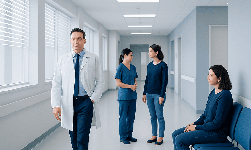 Medical team in hospital corridor with patient waiting area.