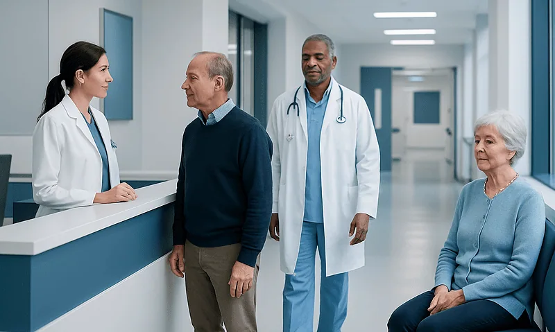 Lovastatin: A Complete Medical Overview 6 Patients consulting with doctors in a modern hospital corridor.