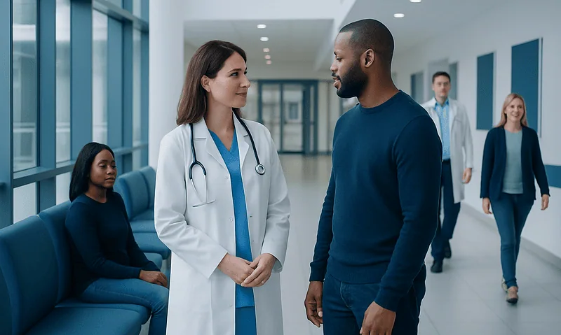 Doctor talking to patient in hospital corridor with waiting patients.