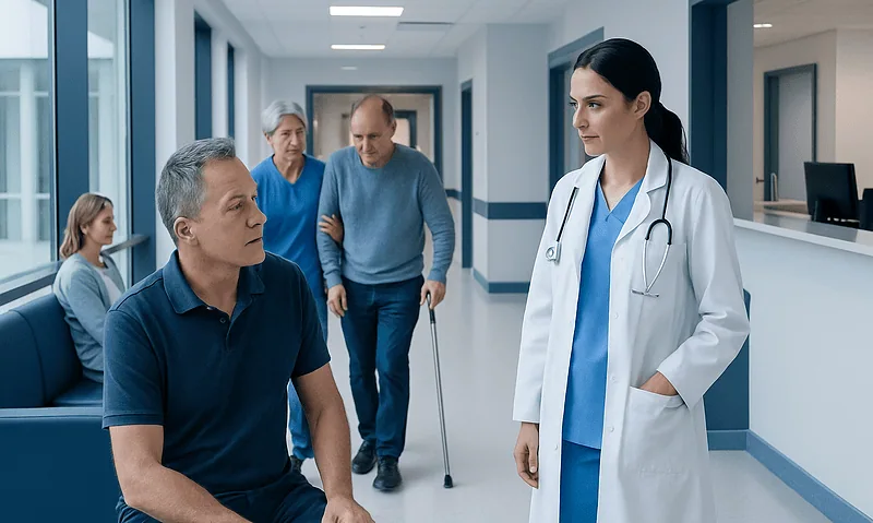 Lovenox: What Patients Need to Know 4 Doctor consulting with a patient in a hospital corridor with visitors in the background.