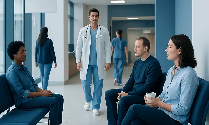 Patients waiting in a hospital corridor with medical staff nearby.