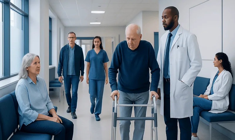 Elderly patient with walker in hospital corridor with medical staff and visitors.