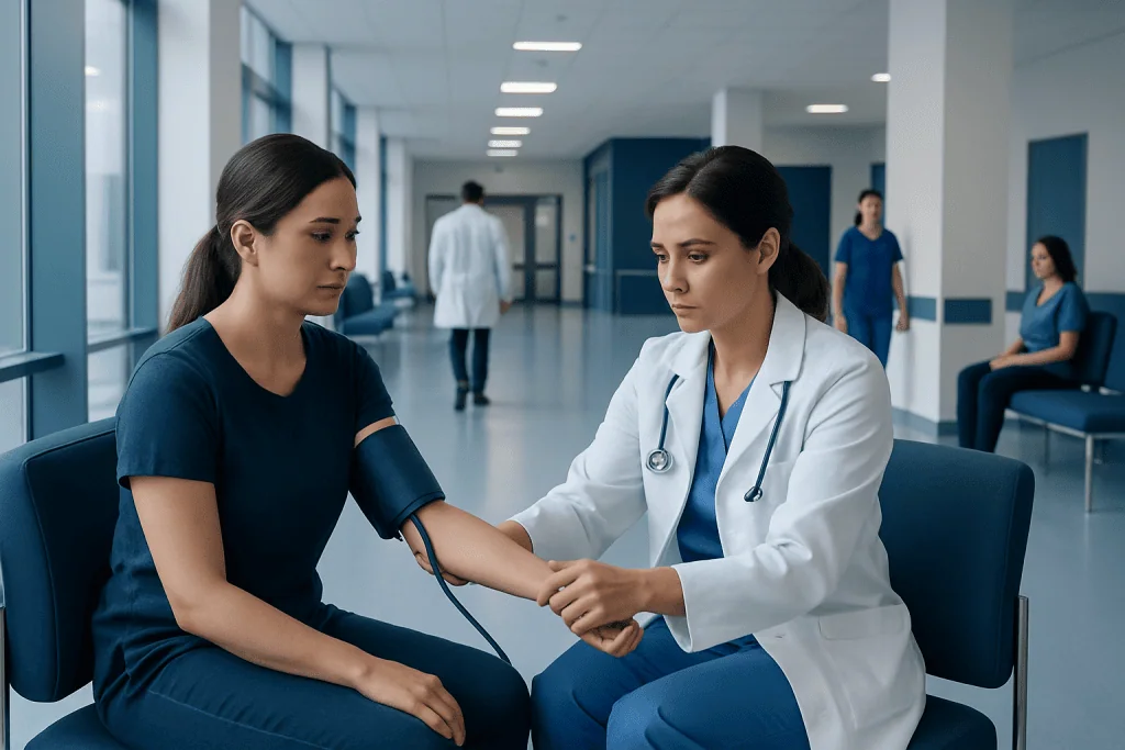 Low Blood Pressure High Heart Rate Explained: Reference Ranges and What Affects Them 1 Healthcare professional measuring blood pressure of a patient in hospital corridor.