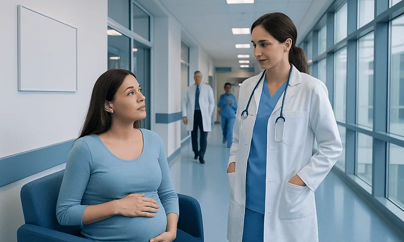 Pregnant woman consulting with a doctor in a hospital corridor.
