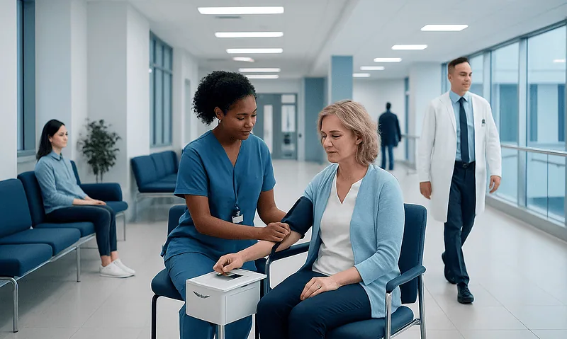 Low Blood Pressure: Normal Ranges, High and Low Results Explained 11 Healthcare professional measuring blood pressure of a patient in hospital.