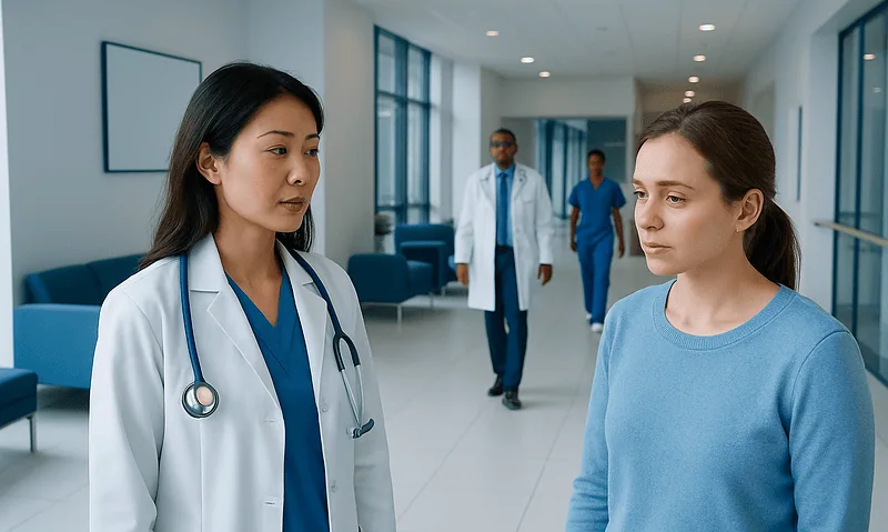 Doctor consulting a patient in a hospital corridor at Acibadem Hospitals Group.