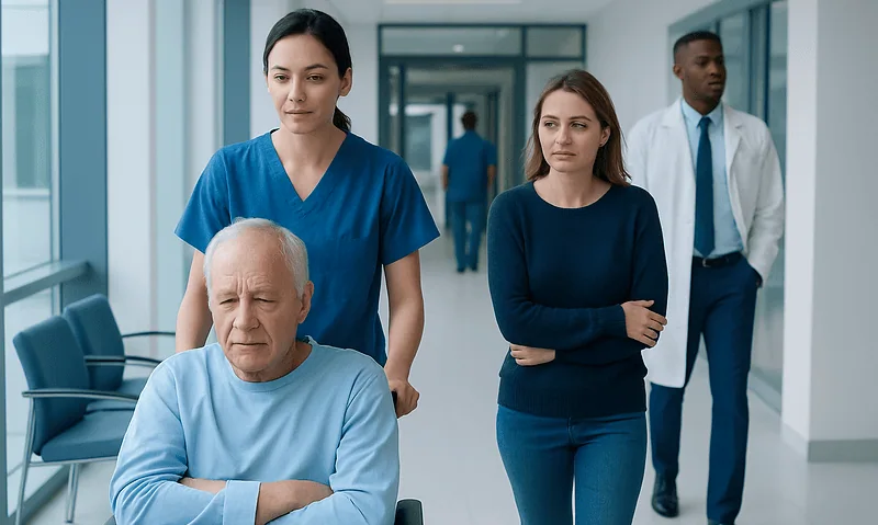 Hospital staff assisting an elderly patient in a modern corridor.