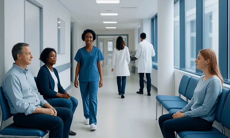 Low BP Food: Evidence-Based Benefits, Risks, and Practical Guidance 8 Healthcare professionals and patients in a hospital corridor.