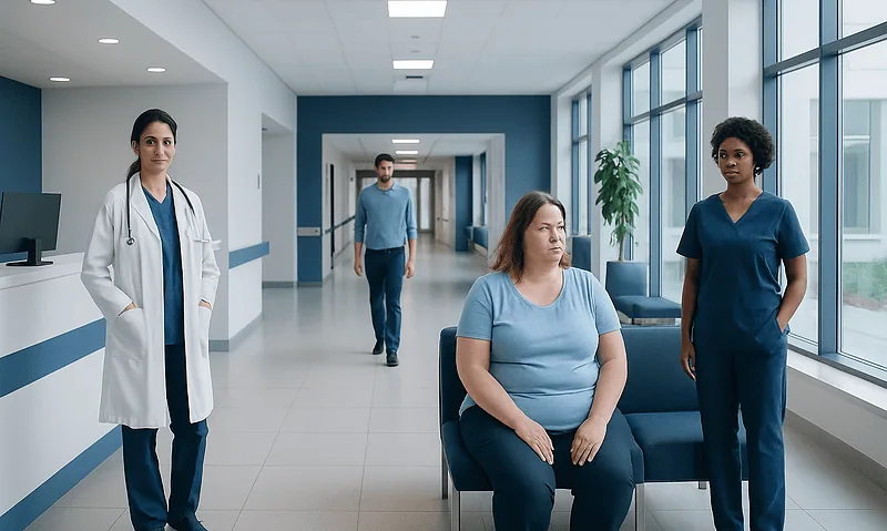 Hospital corridor with medical staff and patient in waiting area.