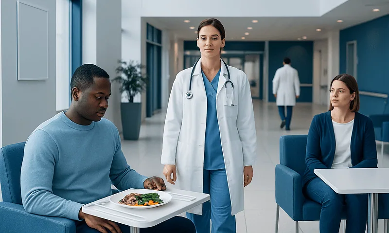 Doctor with patients in hospital waiting area, healthcare setting.