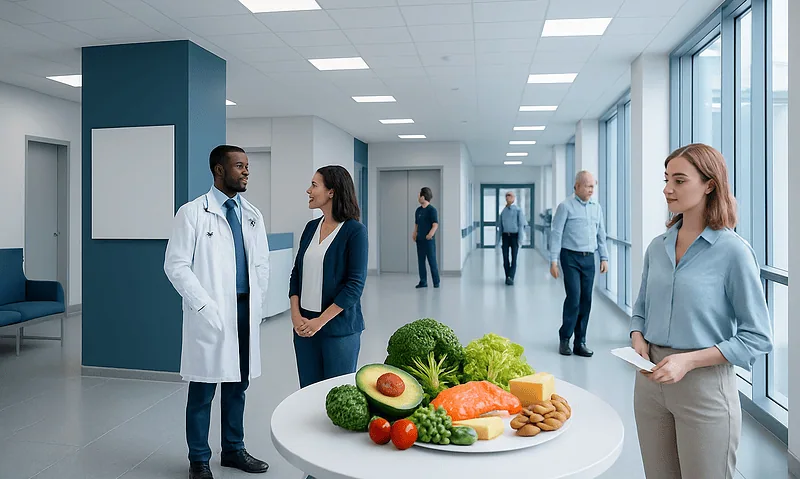 Healthcare professionals discussing nutrition in hospital corridor with fresh vegetables.