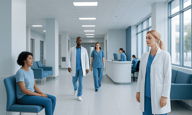 Medical professionals and patient in a modern hospital corridor.