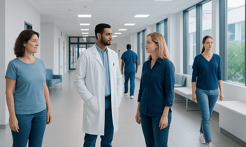 Low Carb and: An Evidence-Based Guide for Patients 12 Medical professionals and staff in a hospital corridor engaging in conversation.