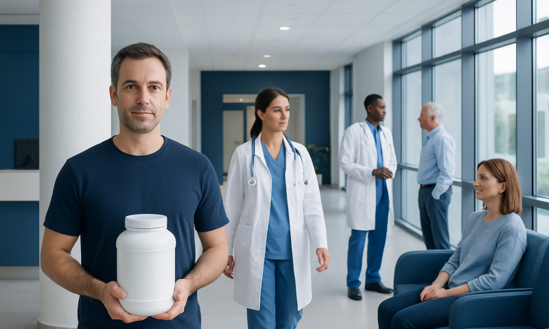 Man holding supplement bottle in hospital corridor with medical staff and patient.