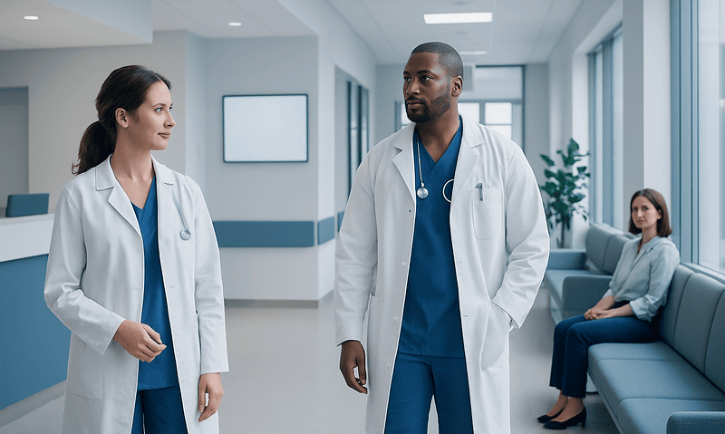 Medical professionals in hospital corridor discussing patient care.
