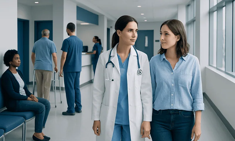Healthcare professionals and patients in a modern hospital corridor.