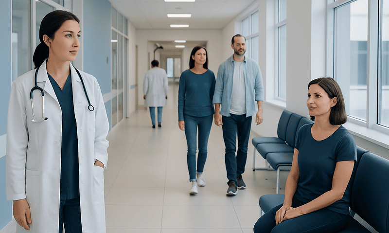 Medical staff and patients in a hospital corridor at Acibadem Hospitals Group.