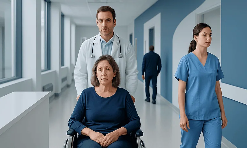 Medical team with a patient in a hospital corridor.