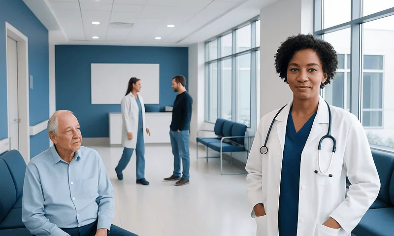 Healthcare professional with elderly patient in modern hospital corridor.