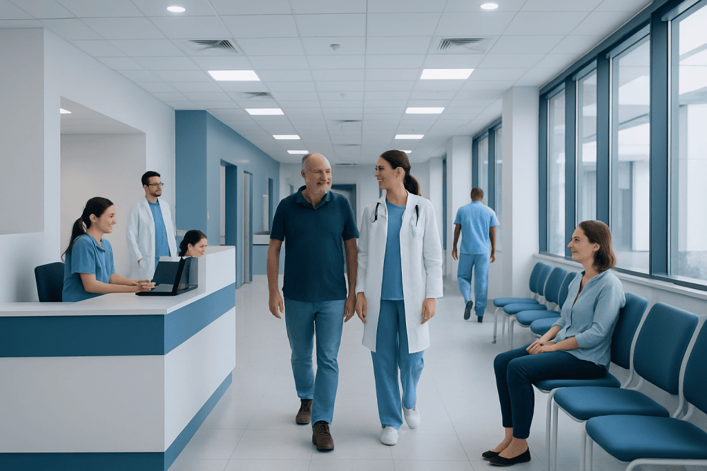 Low Creatinine Explained: Reference Ranges and What Affects Them 1 Hospital corridor with medical staff and patients engaging in conversation.