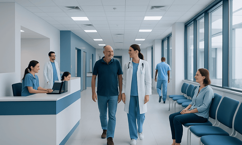 Low Creatinine Explained: Reference Ranges and What Affects Them 8 Hospital corridor with medical staff and patients engaging in conversation.