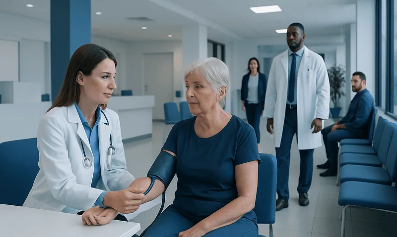 Doctor checking blood pressure of an elderly woman in a hospital.