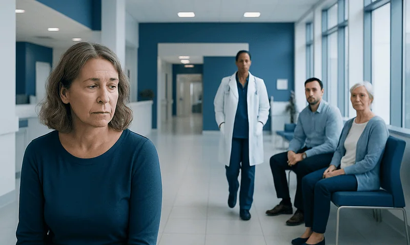 Woman waiting in a hospital corridor with medical staff and patients nearby.