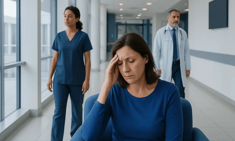 Woman experiencing headache in hospital corridor with medical staff nearby.