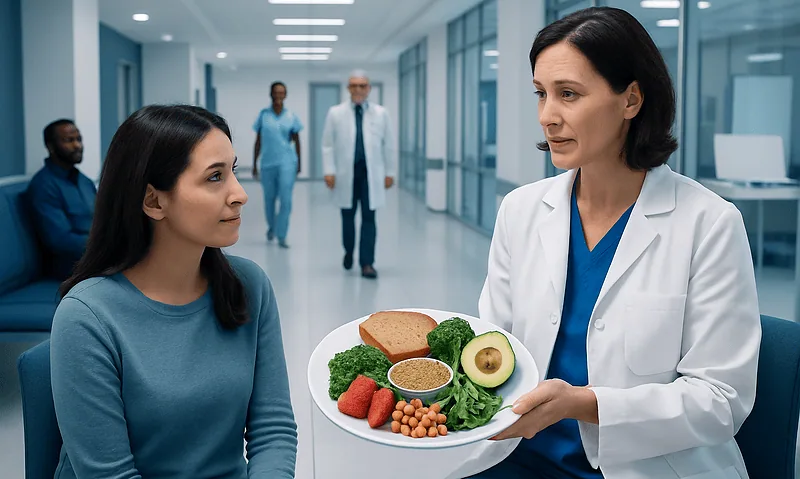 Doctor offering healthy foods to a patient in hospital corridor.