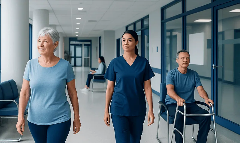 Healthcare professionals and elderly patients in a modern hospital corridor.
