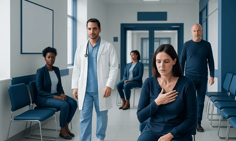 Patient experiencing chest discomfort in a hospital waiting area.