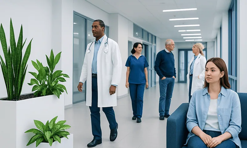 Healthcare professionals and staff in a modern hospital corridor with plants.