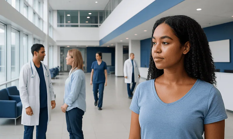 Diverse healthcare professionals in a modern hospital lobby.