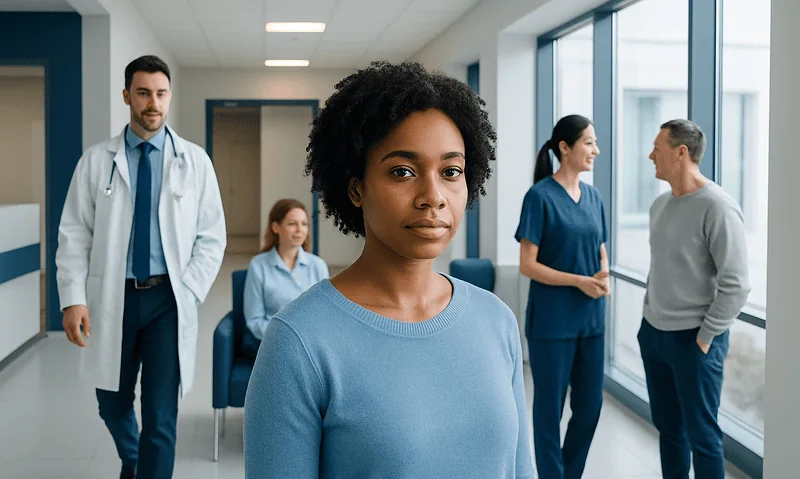 Diverse medical team in hospital corridor with patient and staff.