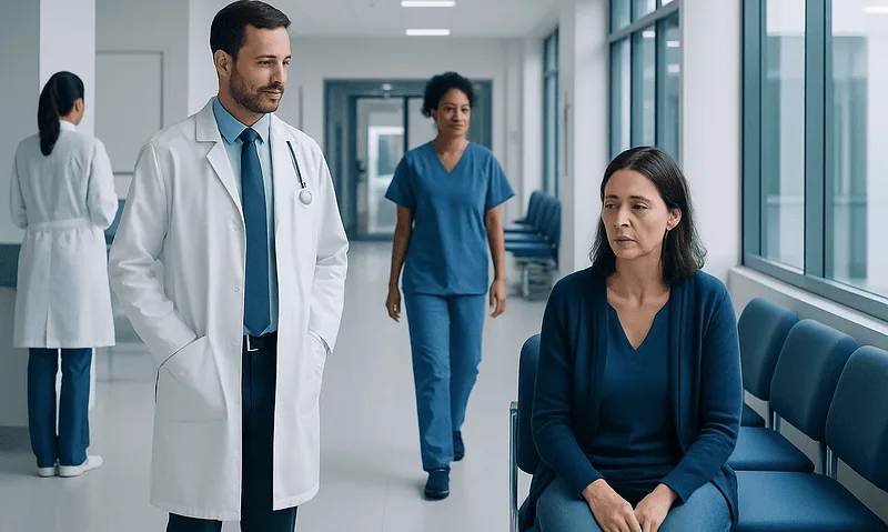 Doctor consulting a patient in a hospital corridor at Acibadem Hospitals Group.