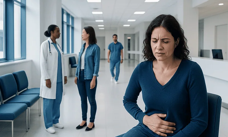 Woman experiencing abdominal pain in hospital corridor with medical staff nearby.