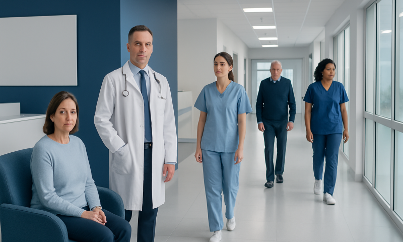 Medical team in hospital corridor with patient and staff in scrubs and white coat.