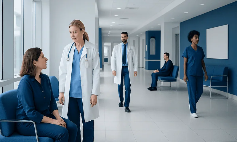 What Causes Low Sodium? Causes, Explanations, and Next Steps 14 Medical professionals and patients in a hospital corridor at Acibadem Hospitals Group.