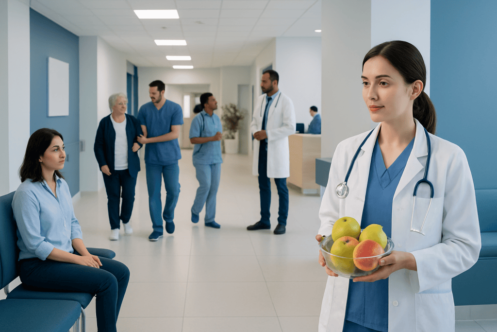 Low Sugar Fruits — Explained by Medical Evidence, Not Myths 1 Healthcare professionals and patients in a hospital corridor with a focus on a nurse holding fruit.