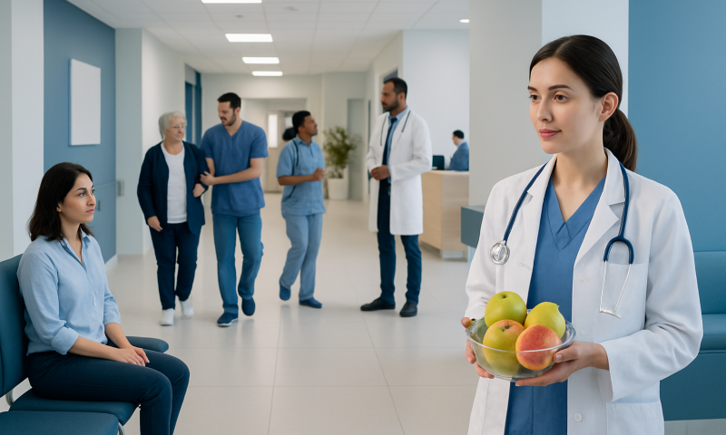 Healthcare professionals and patients in a hospital corridor with a focus on a nurse holding fruit.