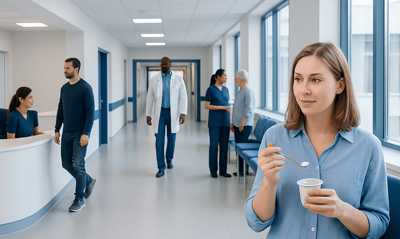 Young woman eating yogurt in hospital corridor with medical staff and patients.