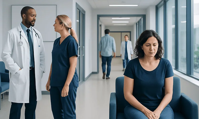 Woman waiting in hospital corridor with medical staff nearby.